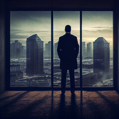 Fototapeta premium A businessman standing near a huge window in his office against the backdrop of skyscrapers.