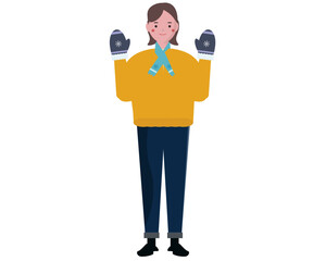  冬に防寒対策をする笑顔の女性。ほのぼの人物。ベクターイラスト