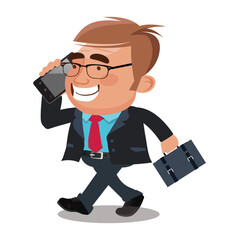 Business man with briefcase talking on phone. Character vector design
