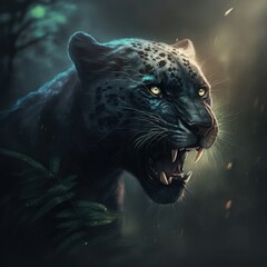 Panther in seinem natürlichen Lebensraum, moody, Wildtier Portrait, magisches Bokeh
erstellt durch generative AI
