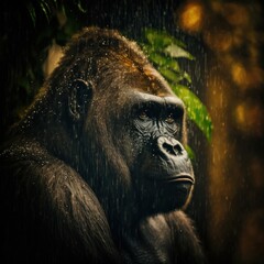 Obraz premium Gorilla in seinem natürlichen Lebensraum, moody, Wildtier Portrait, magisches Bokeh erstellt durch generative AI 