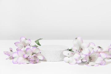 Cylindrical concrete stone podium on a white gray background with hard shadows and plant, flowers. Minimal empty cosmetic product presentation scene. Geometric podium.
