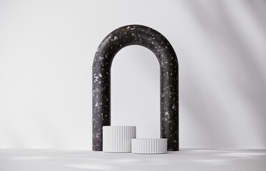 3d render arch frame and podium, stand, display in modern minimal style. Minimal black and white aesthetic showcase, mock up  for exhibitions and product presentation. Advertising banner.