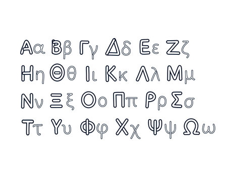 Greek alphabet set. Translation: Letters of the alphabet. Design for typography, banners, cards and more. Doodle style vector.