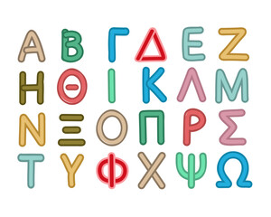 A set of cartoons in the Greek alphabet for a child. ABC. Translation: Letters of the alphabet. Design for typography, banners, cards and more. Flat vector style.