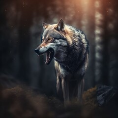 Wolf in seinem natürlichen Lebensraum, moody, Wildtier Portrait, magisches Bokeh
erstellt durch generative AI