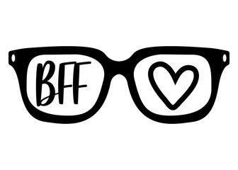 Logo con silueta aislada de gafas de sol con letras de la palabra BFF con corazón en texto manuscrito. Best friends forever