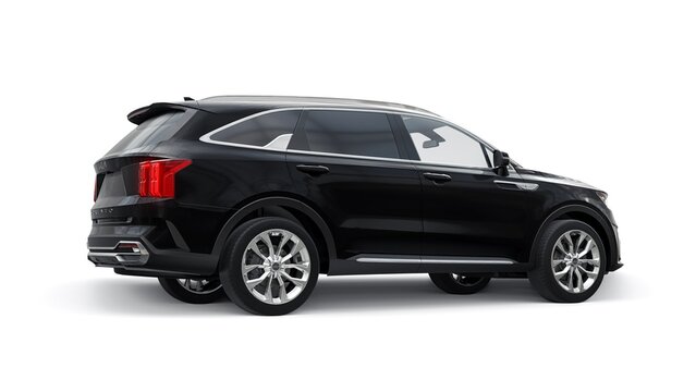 Dallas, USA. January 24, 2023. KIA Sorento 2022. Black Mid-size SUV for family and work on a white background. 3d rendering.