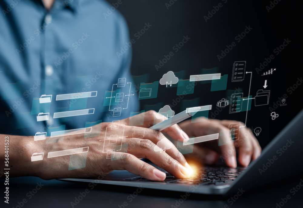 Aufkleber Document Management System, online documentation database and process automation to efficiently manage files, knowledge and documentation in enterprise with ERP. Corporate business technology, DMS
