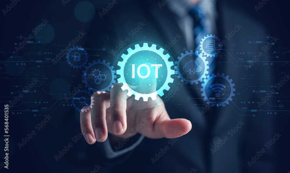 Poster businessman touching virtual screen interface iot. internet of things technology database, with icon