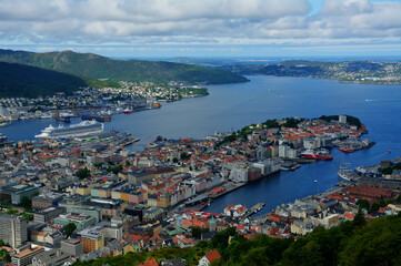 Fototapeta na wymiar Panorama of Bergen, Norway from a hill with a funicular railway
