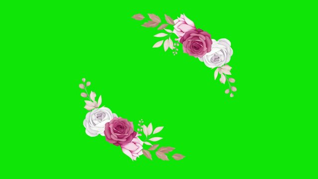 Watercolor rose floral frame animation on green screen. Floral rose animation with key color. Women's day, Valentine's Day, and Wedding day frame. Illustration, Cartoon flower frame. Chroma color.