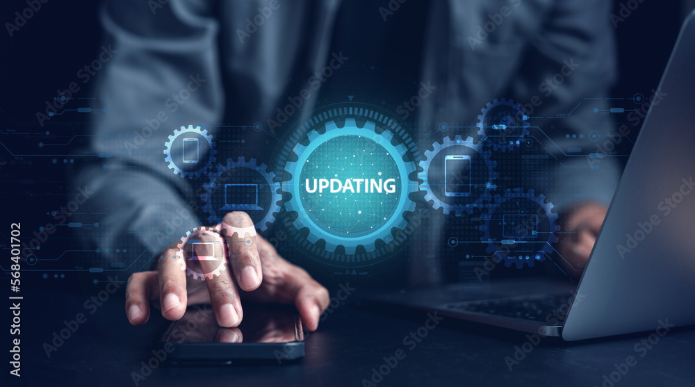 Aufkleber Update software system in computer. Man using smartphone upgrade program, Business technology internet loading virtual bar with installing the update for the quality better.