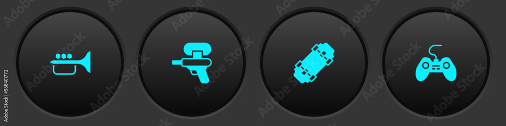 Sticker set trumpet, water gun, skateboard and gamepad icon. vector