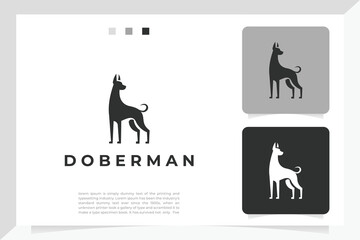 doberman logo vector in black and white style. suitable for businesses, animal buying and selling companies, and others. can also be used as a logo, icon, brand, mascot, and tattoo