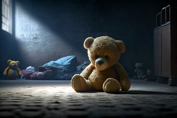 A teddy bear sitting on the floor of a dark, abandoned room. Mysterious, scary place. No love, poverty, fear, child loneliness  - concept. Ai llustration, fantasy digital, artificial intelligence - obrazy, fototapety, plakaty