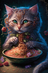 Cat Eating Spaghetti. Generative AI - 568402111