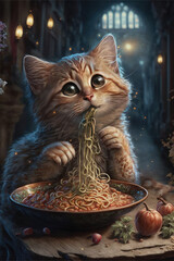Cat Eating Spaghetti. Generative AI - 568402130
