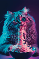 Cat Eating Spaghetti. Generative AI - 568402140