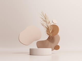 3d render of podium, showcase, display in boho style. Advertising stand with abstract shapes and palm leaves. Pastel minimal background for the presentation of cosmetics, products. © JooLaR
