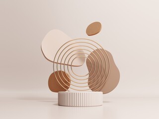 3d render of podium, showcase, display in boho style. Advertising stand with abstract shapes and palm leaves. Pastel minimal background for the presentation of cosmetics, products. © JooLaR