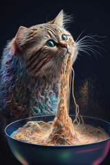 Cat Eating Spaghetti. Generative AI - 568402192