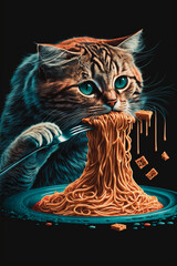 Cat Eating Spaghetti. Generative AI - 568402319