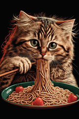 Cat Eating Spaghetti. Generative AI - 568402330