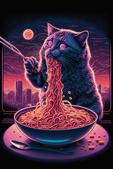 Cat Eating Spaghetti. Generative AI - 568402349