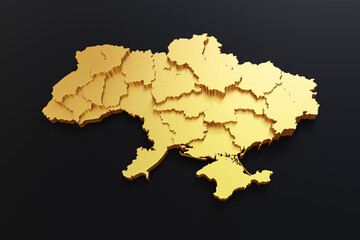 3d Golden Ukraine Map on black background