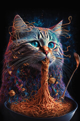 Cat Eating Spaghetti. Generative AI - 568402374