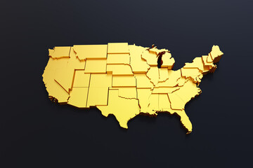 3d Golden USA Map on black background