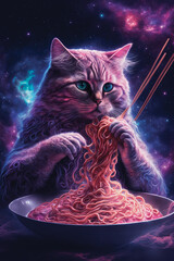 Cat Eating Spaghetti. Generative AI - 568402509