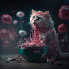 Cat Eating Spaghetti. Generative AI - 568402530
