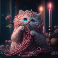 Cat Eating Spaghetti. Generative AI - 568402536