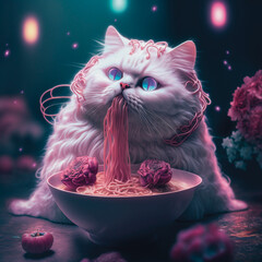 Cat Eating Spaghetti. Generative AI - 568402549