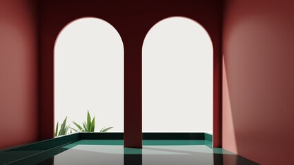 3D render architectural background of buildings with stairs and arches. Minimal, modern architectural illustration for advertising, business, presentations. Сoncept of an abstract house, villa.