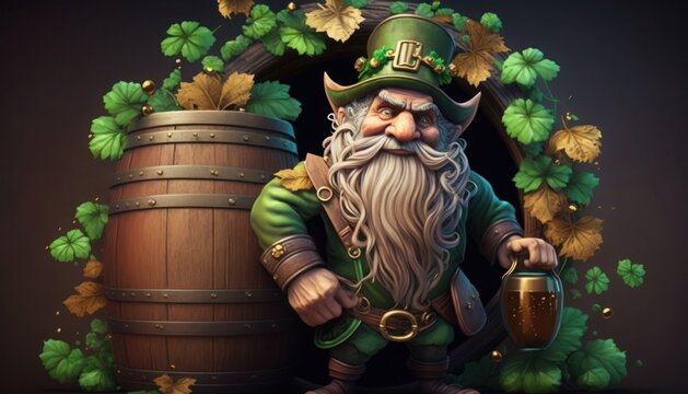 Saint Patricks' cartoon leprechaun with a barrel of beer, generative ai