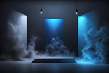 Empty Space of Blue studio, dark room set up,  podium or pedestal ,black concrete floor grunge texture background with smoke and spotlight rays, Generative IA
