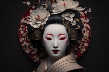 Beauty, geisha, Flowers, Mask portrait, sakura, japan , make up, face , asian, samurai, porcelain, Generative AI