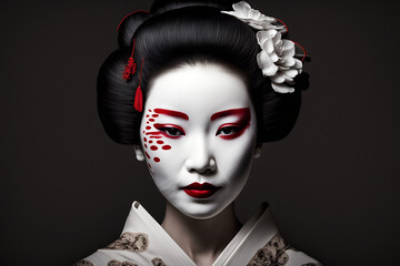 Beautiful Geisha face mask with sakura flowers, Generative AI
