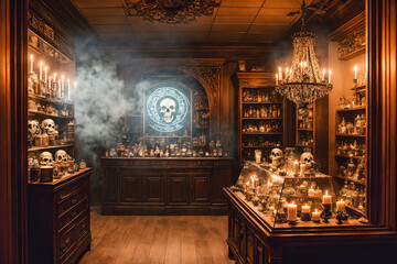indoor view of magical voodoo shop with wooden cabinets full of glass jar with roots human skulls and burning candles, bright blue skull symbol in back antique bras ceiling lamp with crystals, smoke a