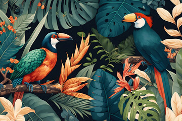 Tropical Wildlife and Toucans wallpaper pattern, Generative AI