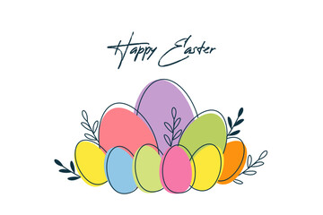 Happy Easter banner, greeting card, poster, holiday covers template, with typography, plants, eggs in pastel colors. Vector illustration in flat style