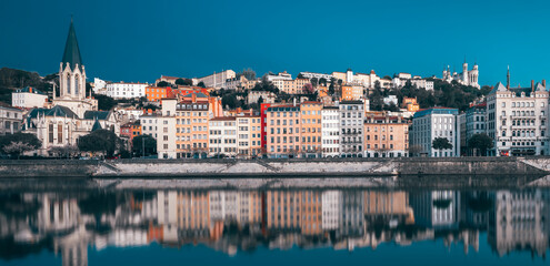View of Saone river in the morning, Lyon. Special photographic processing.
