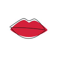 One line continuous drawing vector illustration. Outline red lips silhouette. Female hand drawn mouth linear icon. Minimal design element for print, banner, Valentine’s card, wall art poster, logo.