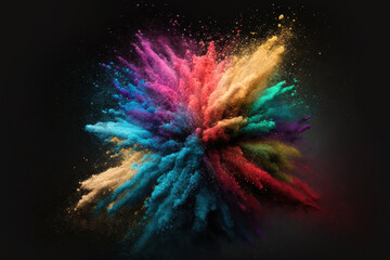 Fototapeta premium An abstract burst of colourful dust against a dark background. Abstract background with powder splatters, freeze motion of color powder exploding throwing, and glitter texture in various colors
