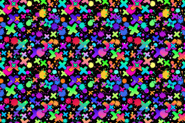 Fototapeta na wymiar Jpg seamless pattern with colorful crosses and paint splashes