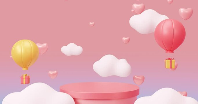 3d podium Valentine’s day concept background, balloon with gift box and heart.
Greeting love video. Romantic animation Mother's day, Wedding, anniversary
