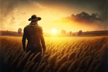 farmer standing in field of crops with sunset, concept of Harvest and Rural Life, created with Generative AI technology